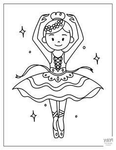 a black and white drawing of a girl in a ballerina dress with stars around her