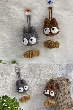 three crocheted keychains with eyes on them, one in the shape of a bird