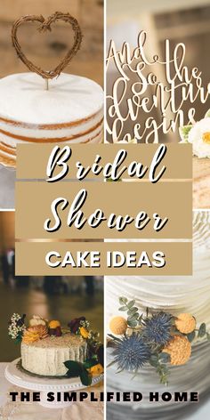 wedding shower cake ideas for the bride and groom to be featured in this postcard