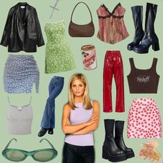 a collage of clothes and accessories including boots, pants, top, sunglasses, purse