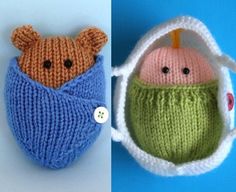 there are two knitted items in the shape of babies's heads, one with a teddy bear inside