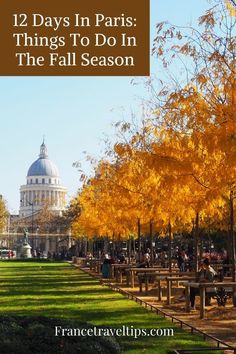 trees with yellow leaves in front of a building and the words 12 days in paris things to do in the fall season