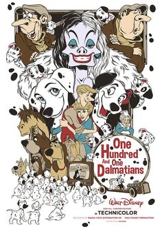 the poster for walt's animated film, one hundred and dalmatians