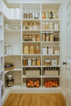 an organized pantry filled with lots of food