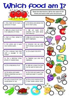 a poster with words and pictures to describe which food am i? in english or spanish