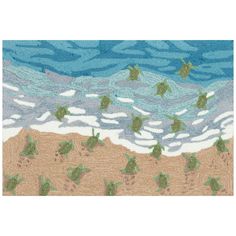 an ocean scene with sea turtles swimming in the water and on top of sand dunes