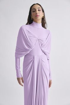 Lilac malai lycra and net draped dress with pleated detailing. - Aza Fashions Cocktail Dresses With Draped Design, Cocktail Stretch Draped Dresses, Fitted Draped Dresses, Fitted Draped Dress With Folds, Stretch Draped Dresses For Gala, Long Maxi Dresses, Maxi Dress Collection, Long Sleeve Evening Dresses, Silk Maxi Dress