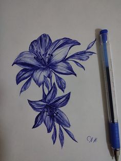 Art Art With Blue Pen, Biro Pen Drawing, Blue Sketchbook Page, Blue Pen Doodles, Flower Pen Sketch, Blue Pen Sketch Simple, Ballpoint Pen Art Sketches, Cool Pen Drawings, Blue Pen Art