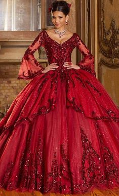 Dark Red Quince Dress With Sleeves, Quinceanera Dresses With Sleeves, Dark Red Ball Gown, Net Ball Gown, Red Quince Dress, Long Sleeve Quinceanera Dresses, Red Princess Dress, Glittering Dress, Red Bridal Gown