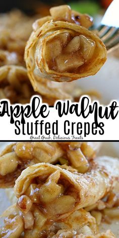 apple walnut crepes on a plate with a fork