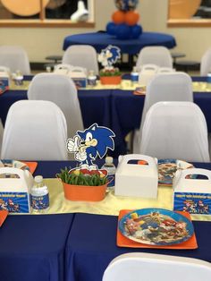 a table set up for a sonic the hedgehog birthday party