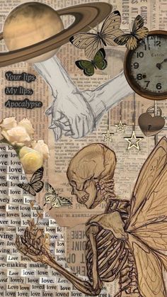 an altered photograph of a skeleton holding a flower and a clock with the words you're my life already on it