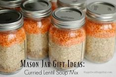 mason jar gift ideas currie lentil soup mix in glass jars with labels on them