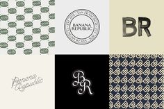 the logos for banana republic are shown in four different colors and styles, including black, white, green, blue, and gold