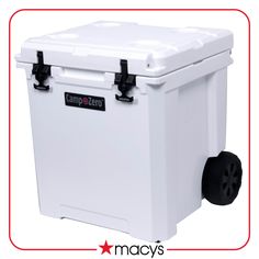 a large white cooler with wheels on it's side and the words campezo written in red