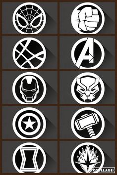 the avengers logos are shown in black and white, with long shadows on them to make it look like they have been cut out