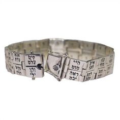 "Bracelet 72 Names of God Kabbalah Bangle King Solomon Jewelry Gift Silver 925 Material: silver 925 Length: 7\" (18 cm) Weight: 1.09 oz (31 gr) Country of origin: Israel Silver bracelet consists of plates, enclosing 72 names of God. 72 The names of God are 72 combinations of Hebrew letters that can change reality. On each plate, certain letters of the Hebrew alphabet are engraved - each combination expresses a specific kind of energy directed at changes in spiritual or material life. Together th Sterling Silver Spiritual Bracelet For Anniversary, Spiritual Sterling Silver Bracelet For Anniversary, Sterling Silver Bracelet With Box Clasp As Gift, Sterling Silver Spiritual Bracelet, Adjustable Sterling Silver Bracelet With Box Clasp, Silver Hallmarked Jewelry For Blessing, Hallmarked Silver Jewelry For Blessing, Spiritual Hallmarked Sterling Silver Bracelet, Formal Symbolic Sterling Silver Bracelets