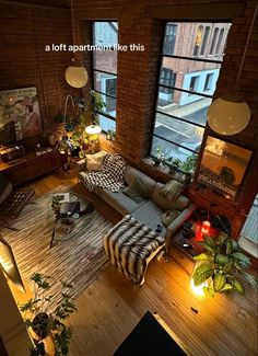 an overhead view of a living room with lots of windows and plants on the floor