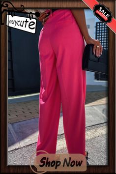 Rose Pleated High Waist Wide Leg Casual Pants Pink Ankle-length Pants With Pockets, Pink High-waisted Wide Leg Pants For Work, Chic Pink Straight Leg Pants, Chic Pink Wide Leg Pants With Pockets, Chic Ankle-length Pink Dress Pants, Chic Pink Ankle-length Dress Pants, Pink Wide Leg Dress Pants For Summer, Chic Pink Straight Leg Dress Pants, Pink Wide-leg Dress Pants For Summer