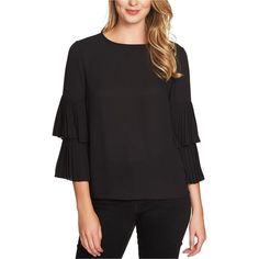 Elevate Your Casual Style With The 1.State Women's Tiered-Sleeve Knit Blousea Perfect Blend Of Simplicity And Elegance. Crafted From 100% Polyester, This Medium-Weight Knit Blouse Offers Both Opaqueness And Style.The Tiered Pleated Three-Quarter Sleeves Create A Unique And Fashionable Silhouette, While The Button And Loop Closure At The Back Adds A Touch Of Sophistication. With A Crew Neckline, This Blouse Is Perfect For Casual Outings And Gatherings. Made In China, This New Piece Is More Than J Chic Viscose Tops For Business Casual, Casual Workwear Blouse With Pleated Sleeves, Casual Office Tops With Pleated Sleeves, Casual Viscose Tops For Office, Chic Ruffle Sleeve Tops For Work, Casual Tops With Pleated Sleeves, Fitted Tops With Pleated Sleeves For Fall, Chic Black Knit Top For Work, Fall Crew Neck Top For Office