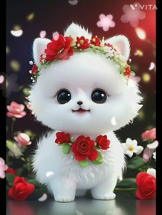 a small white kitten with flowers on its head standing in front of some red roses