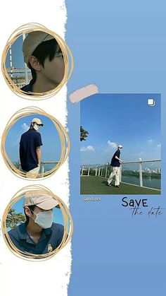 three pictures of a man wearing a white hat and blue shirt, with the caption say save the date