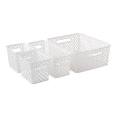 three white plastic baskets with holes on them