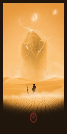 two people standing in the middle of a desert under a cloudy sky with lightning above them