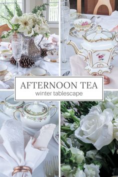 a collage of photos with white flowers and teacups on the table for winter tablescape