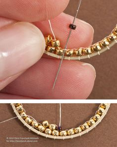 two pictures showing how to make an ornament bead bracelet with gold beads