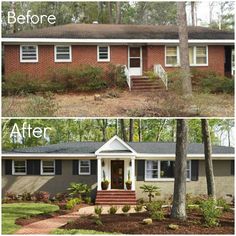 before and after photos of a red brick house with white trim on the front door