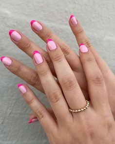 Nail Art With Pink Polish, Two Color French Nails, 2 Color Nails, 2000s Nails Trends, Funky French Nails, Fun French Tip Nails, Pink Design Nails, Nails Editorial, Editorial Nails