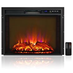 an electric fireplace with flames and remote controls