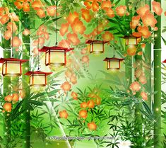 an image of lanterns hanging in the air over bamboo leaves and flowers on a green background