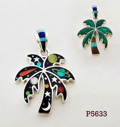 Add a touch of Southwestern flair to your jewelry collection with this stunning multicolor pendant from BLAKAPINOCREATIONS.           Crafted from natural turquoise, onyx, opal, lapiz, spiny, pua, and mop materials, this pendant features a channel-set design with a beautiful palm tree design.  Measuring 1-3/4" long and 1-1/8" wide, this pendant is perfect for both men and women.   Whether you're looking for a unique addition to your necklace or a special gift for a loved one, this handmade pendant is sure to impress. With its vibrant colors and intricate design, it's a true work of art.  Don't miss out on the chance to own this one-of-a-kind piece. Palm Tree Jewelry, Palm Tree Pendant, Palm Tree Design, Green Malachite, Red And Orange, Tree Pendant, Tree Design, Fire And Ice, Natural Turquoise