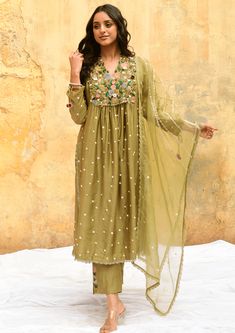 Niti Bothra-Olive Green Orchid Kurta And Pants-INDIASPOPUP.COM Niti Bothra, Kurta And Pants, Indian Kurti, Green Orchid, Embroidered Pants, Polka Dot Shirt, Organza Dupatta, Kurta With Pants, Kurta Set