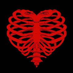 a red heart shaped ribcage in the shape of a human skeleton on a black background