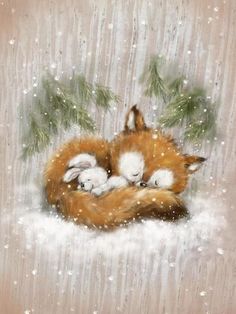 two baby foxes cuddle in the snow with pine needles on their back, as if they were sleeping