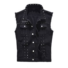 Motorcycle Enthusiasts! Want to create a layered outfit? Retro Punk Rivet Black Denim Vest is a good choice for you. Because wearing a denim vest will expose your underlying shirt or top. An elegant design denim vest, also suitable for parties, outside activities, dates, business work, and other casual occasions in all seasons. Features: 80% Cotton，20% polyester Retro Buttons front closure Turn-down collar Twin front chest pockets with stud fastening Two chest pockets, Two side pockets Note: Ple Jeans Waistcoat, Mode Queer, Male Motorcycle, Pride Parade Outfit, Denim Vest Men, Black Denim Vest, Waistcoat Fashion, Fitted Jean Jacket, Sleeveless Jean Jackets