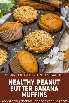 healthy peanut butter banana muffins in a muffin pan with text overlay