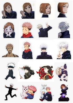 various anime characters with different expressions and hair colors, all wearing black clothing or clothes