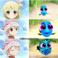 four different pictures of the same character in anime movies, one with pink hair and two with blue eyes