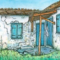 a drawing of a house with blue doors and windows