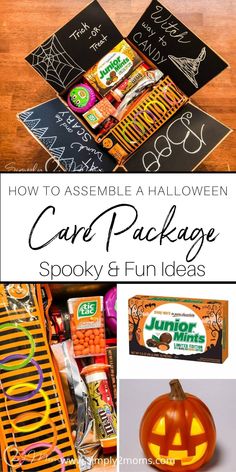 an assortment of halloween candy and candies with text overlay that reads how to assemble a halloween card package spooky & fun ideas