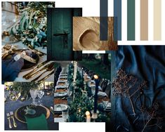 a collage of photos with different colors and patterns on them, including blue, green, gold, and white