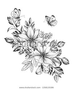 black and white drawing of flowers with butterflies