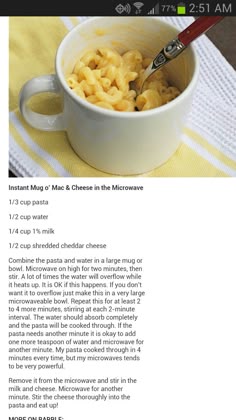 the recipe for macaroni and cheese in microwave is shown on an iphone screen