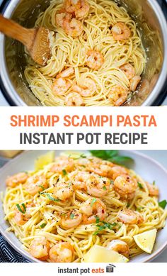 shrimp scampi pasta in a pot with lemon wedges