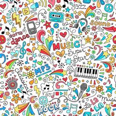 an image of colorful music doodles on a white background with musical instruments and symbols