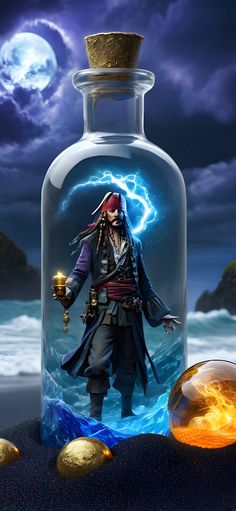 a glass bottle with a pirate in it